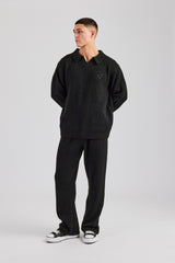 Knit Collared Sweat & Split Hem Jogger - Black