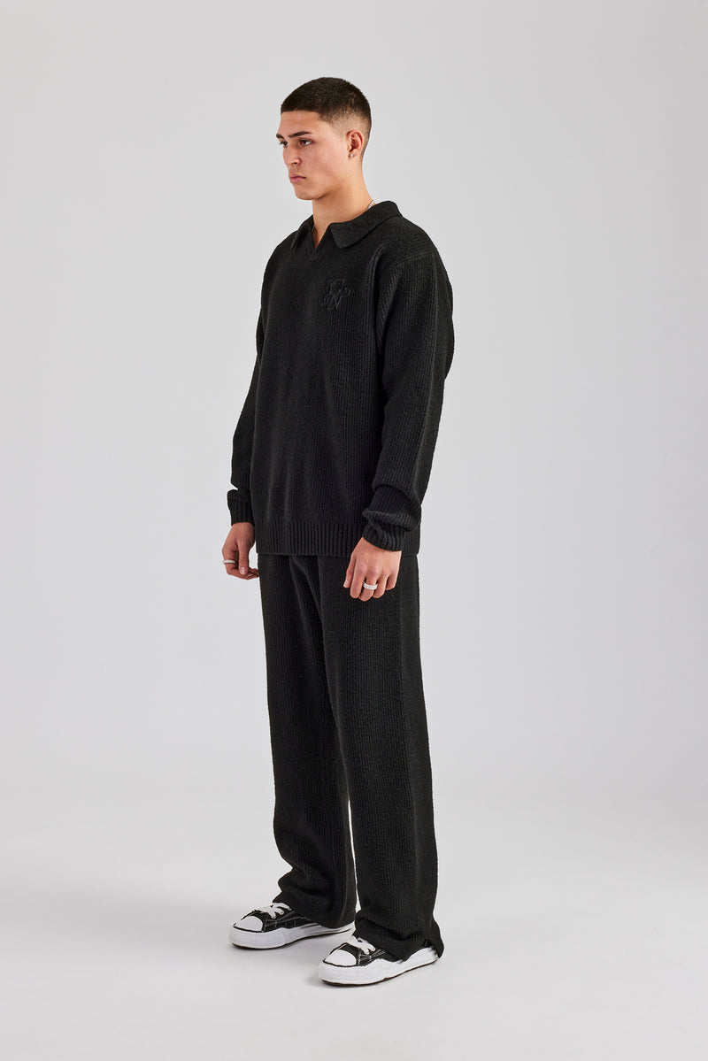 Knit Collared Sweat & Split Hem Jogger - Black