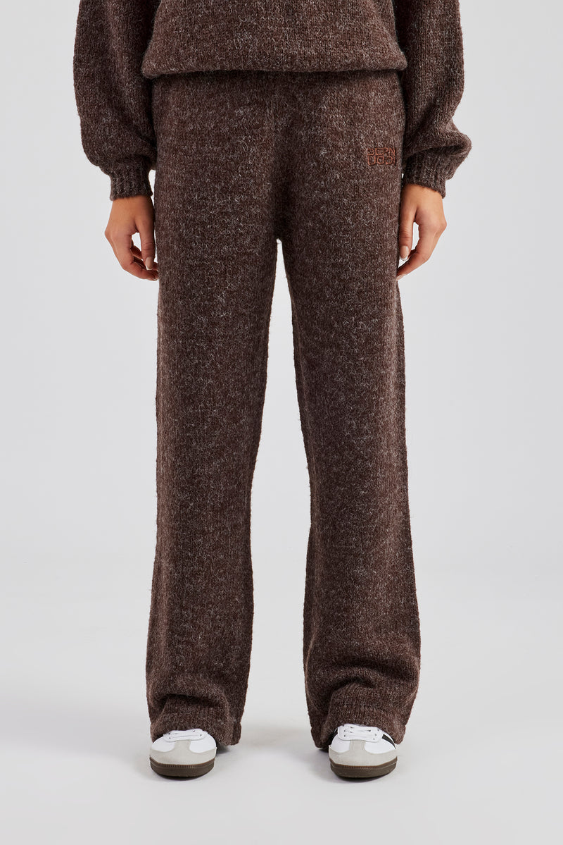 Knit Wide Leg Embroidered Jogger - Chocolate