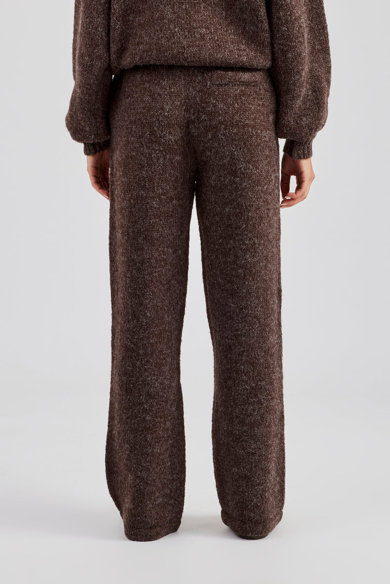 Knit Wide Leg Embroidered Jogger - Chocolate