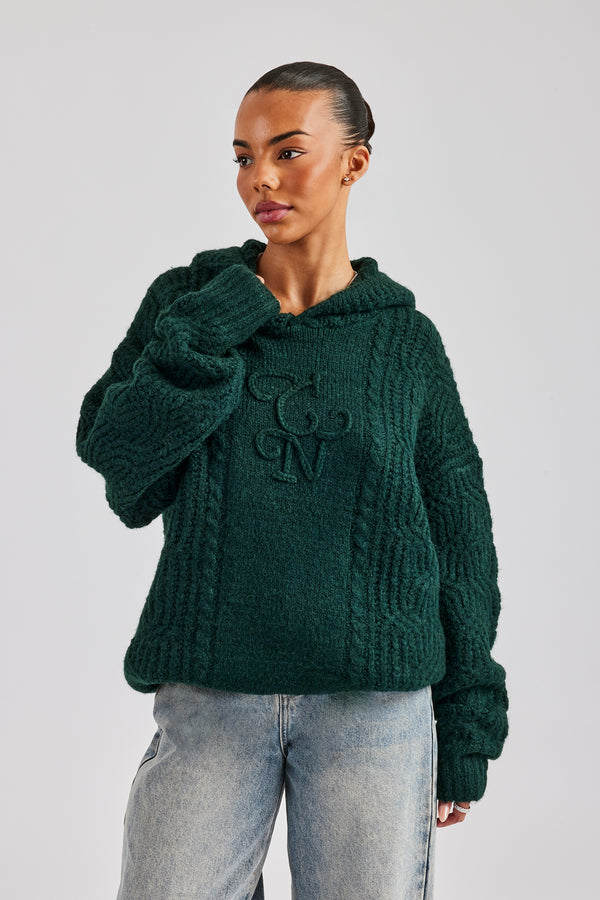 CCC Spliced Cable Knit Hoodie - Forest Green