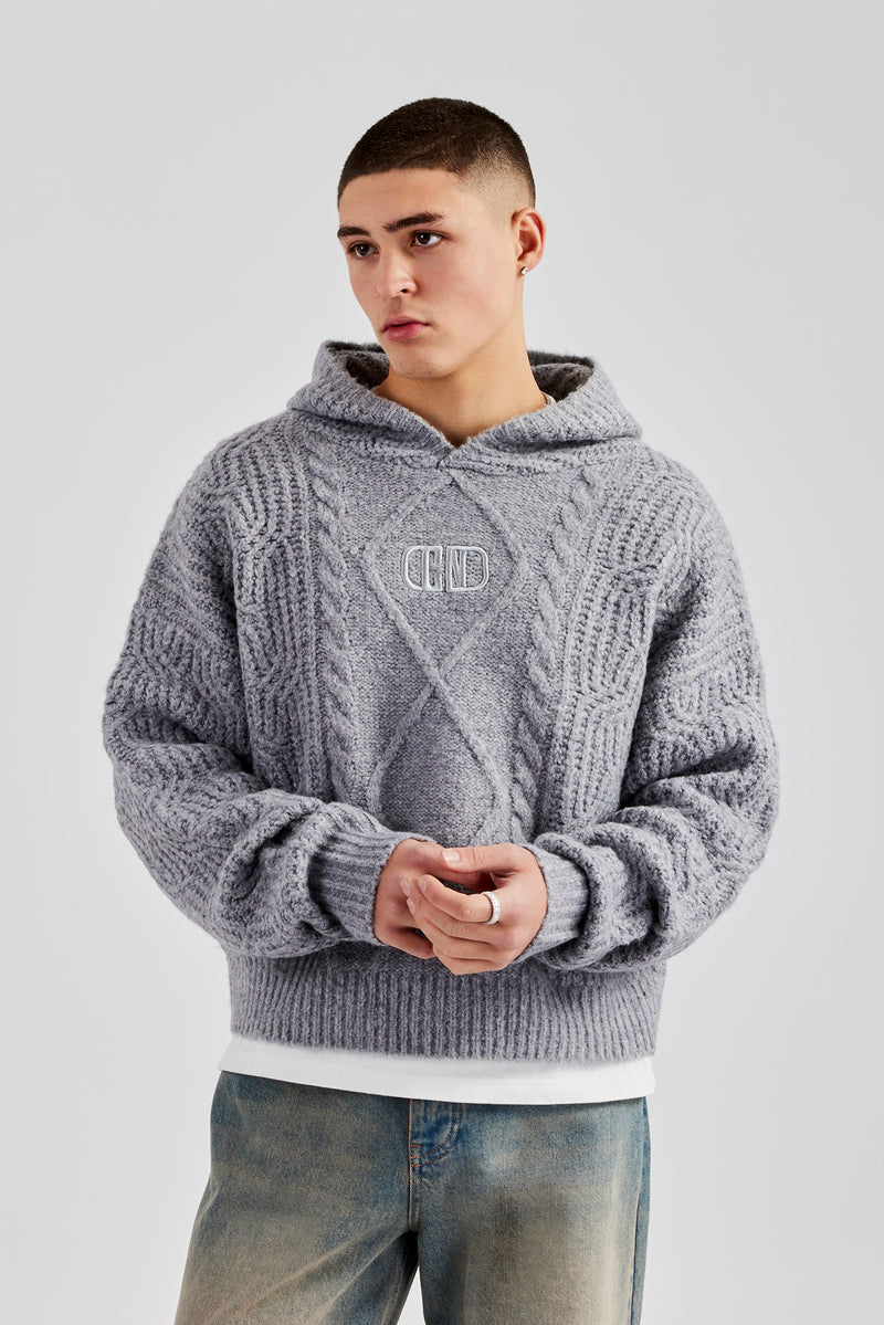 Boxy Cable Knit Embroidered Hoodie - Grey