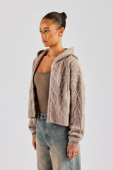 Cable Knit Zip Through Knit Hoodie - Stone