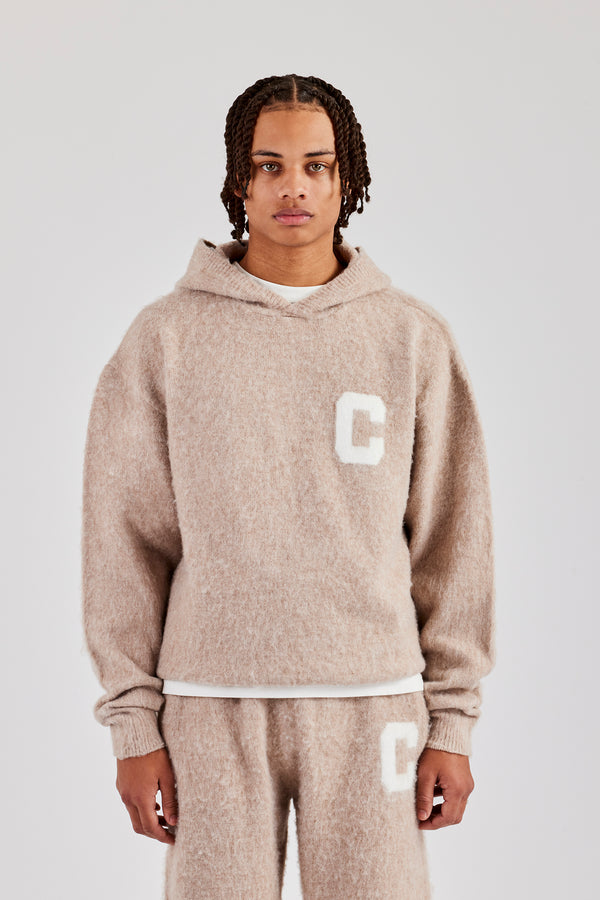 Brushed Knit Oversized Knitted Hoodie - Stone