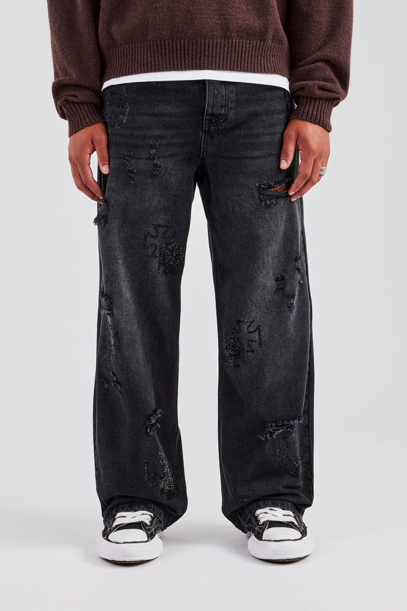 Rhinestone Motif Baggy Jean