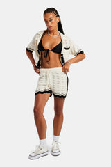 Contrast Crochet Knitted Shirt  & Short Set - Off White