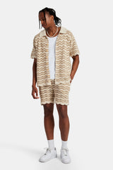 Crochet Knitted Embroidered Shirt & Short Set - Beige