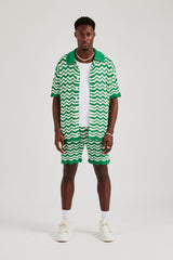 Crochet Knitted Embroidered Shirt & Short Set - Green