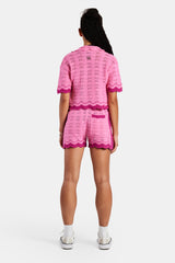 Contrast Crochet Knitted Shirt - Pink