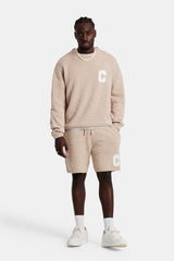 Textured Knitted Sweatshirt Short Tracksuit - Beige