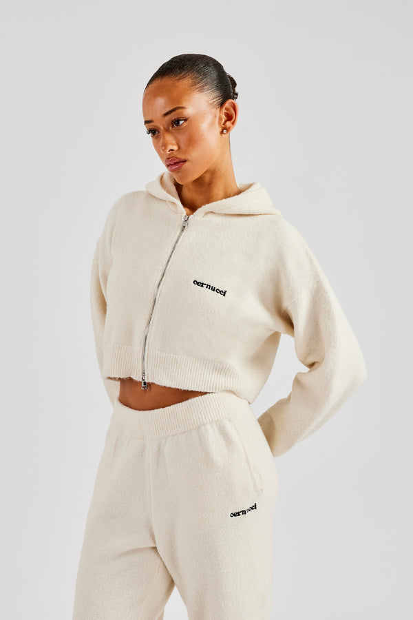 Cropped Knitted Zip Through Hoodie - Ecru