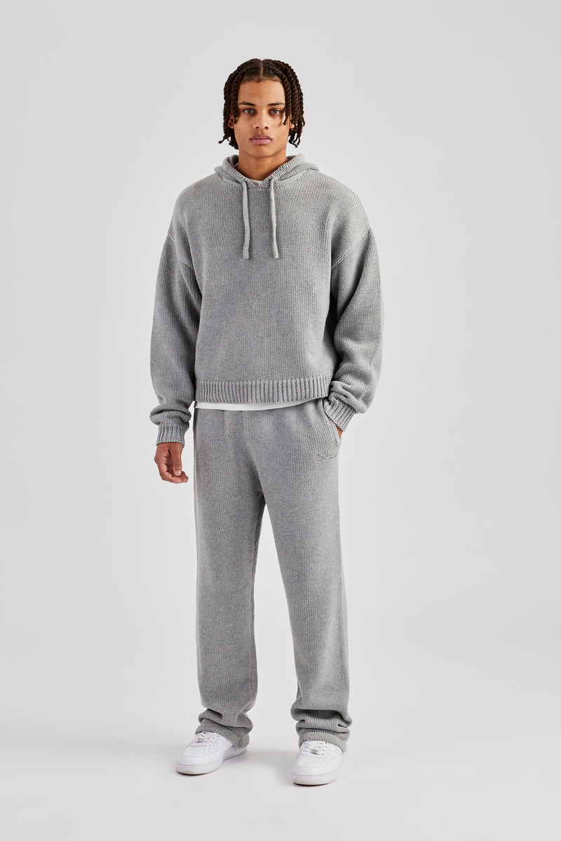 Boxy Knitted Embroidered Hoodie & Straight Leg Jogger - Grey