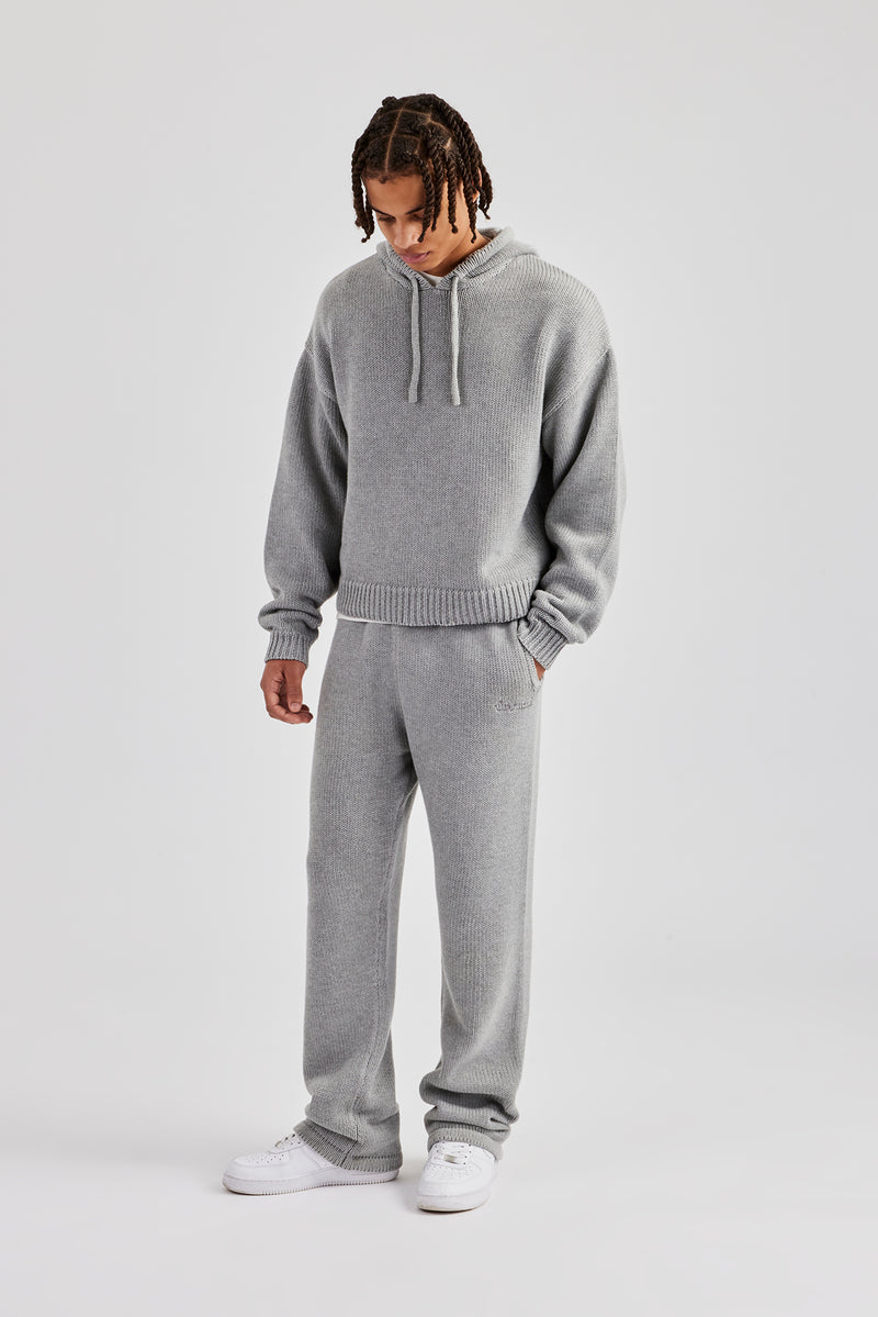 Boxy Knitted Embroidered Hoodie & Straight Leg Jogger - Grey