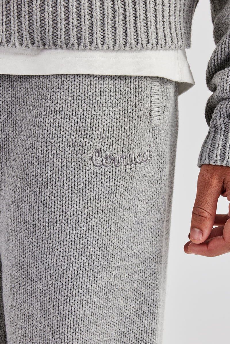 Boxy Knitted Embroidered Hoodie & Straight Leg Jogger - Grey