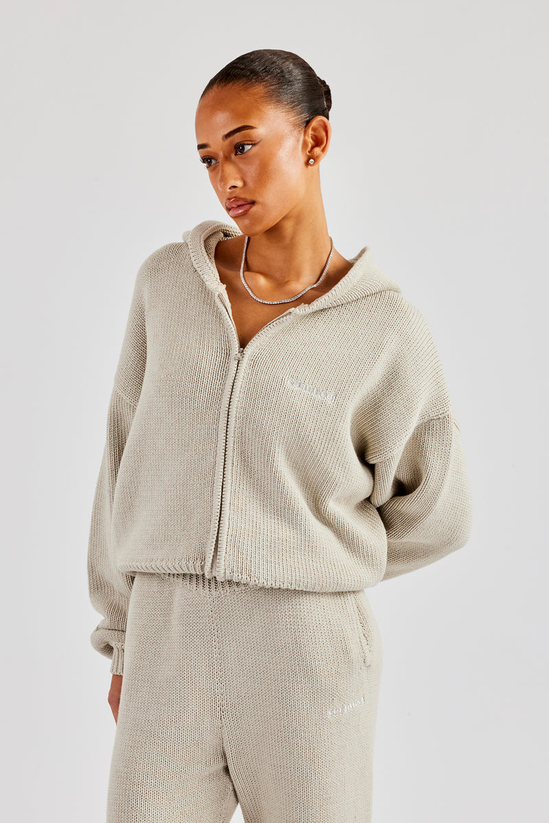 Knitted Embroidered Zip Through Tracksuit - Stone