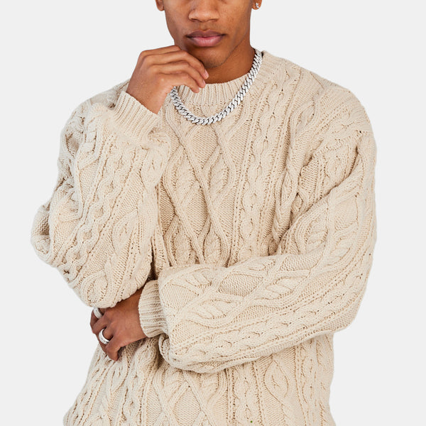 Beige cable 2024 knit sweater mens