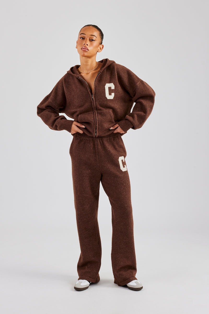 Hooded Zip Through Knitted Tracksuit - Chocolate