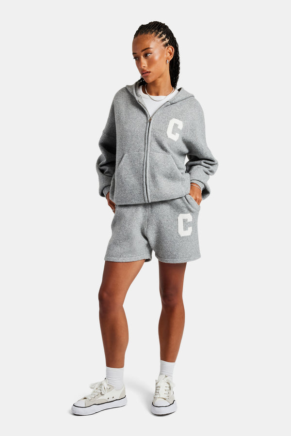 Hooded Zip Through Knitted Short Tracksuit - Grey