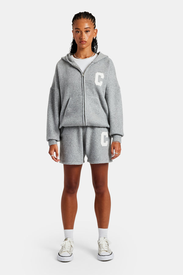 Hooded Zip Through Knitted Short Tracksuit - Grey