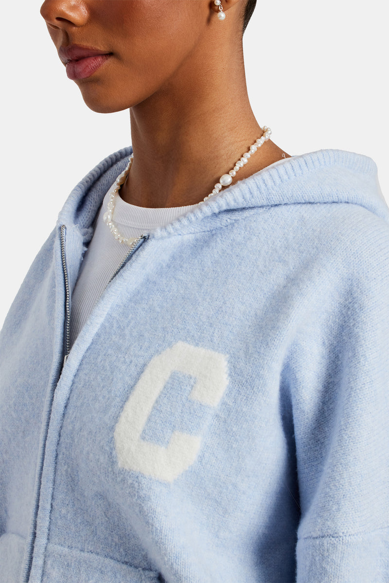 Hooded Zip Through Knitted Tracksuit - Light Blue