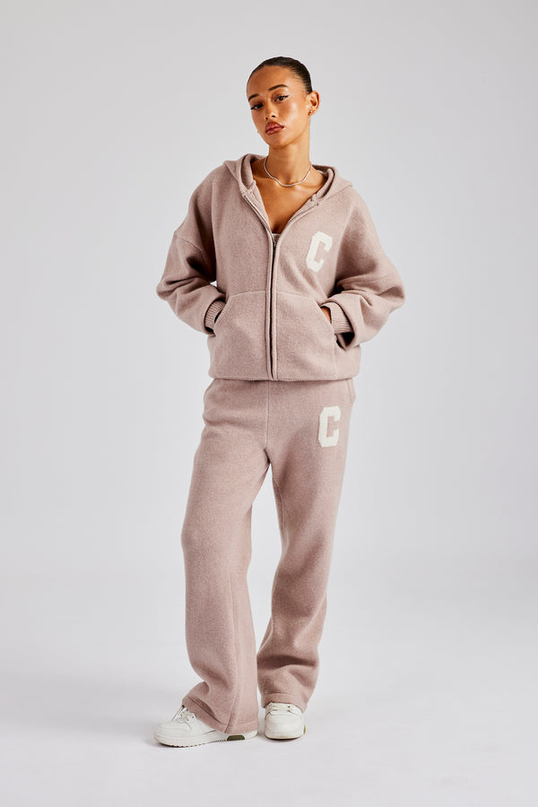 Hooded Zip Through Knitted Tracksuit - Pink