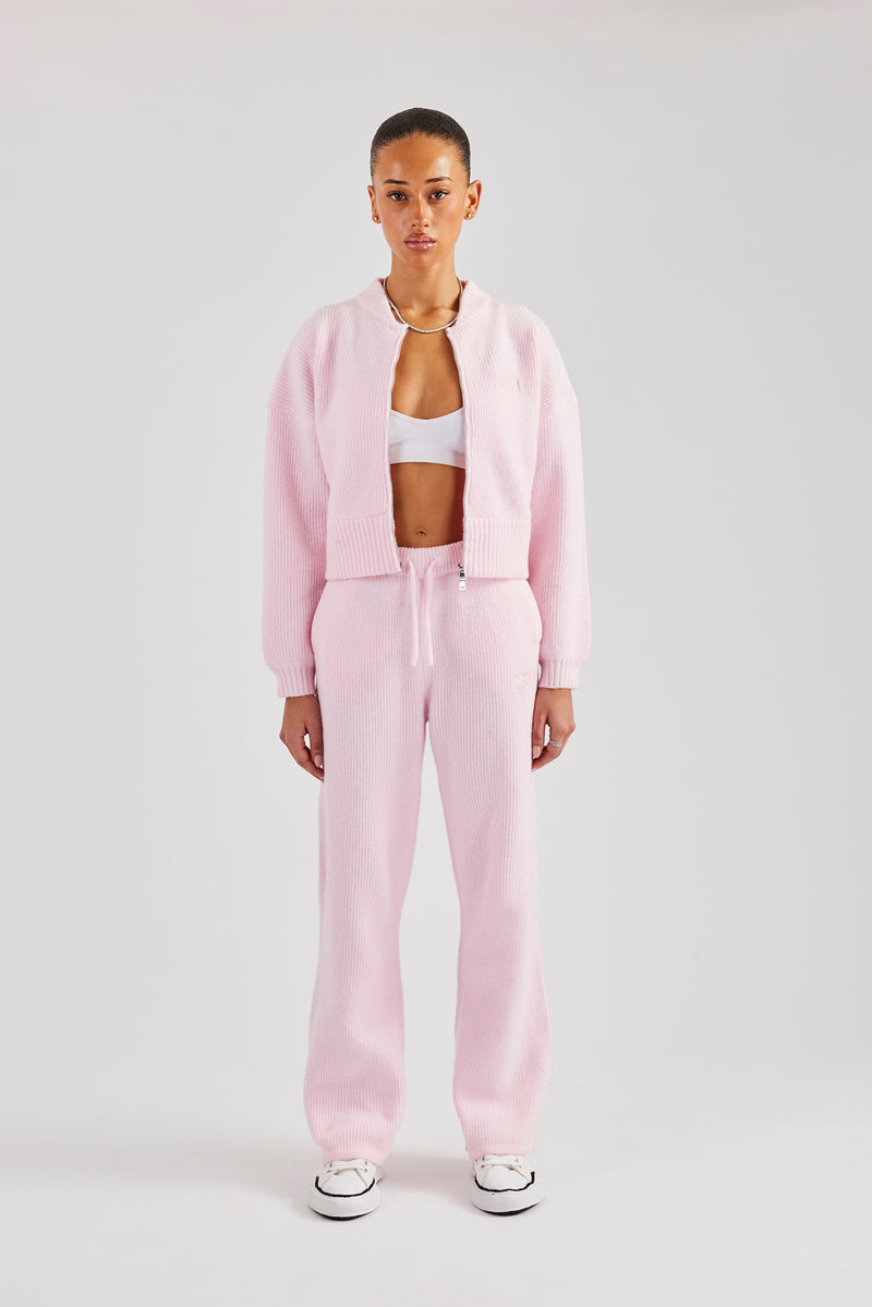 Knitted Zip Front Bomber & Straight Leg Trouser - Baby Pink