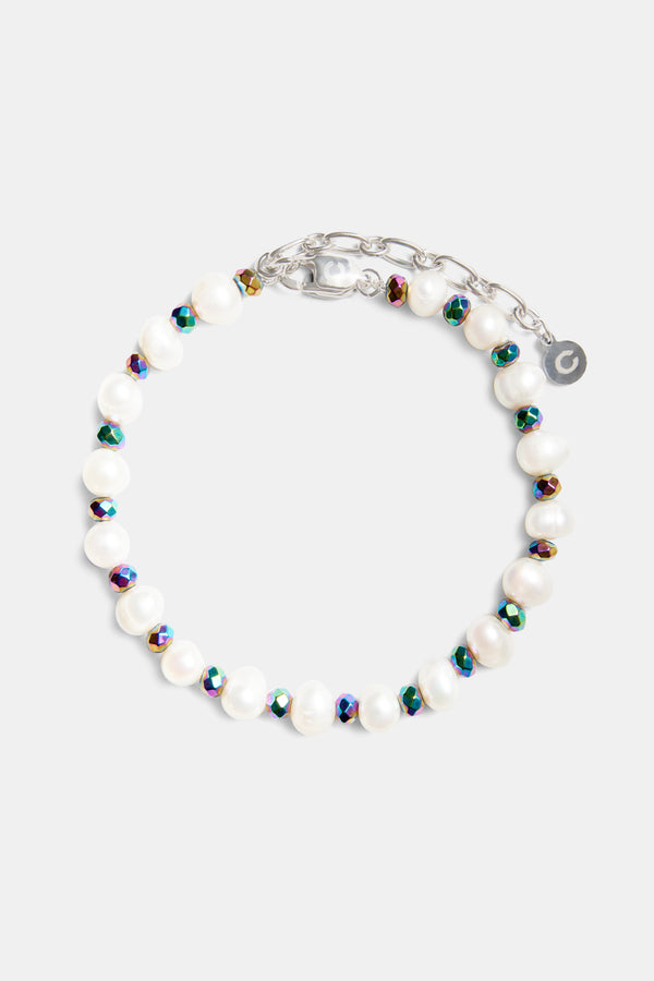 Oil Slick Bead & Freshwater Pearl Bracelet 7+2