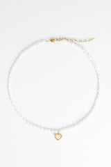 Freshwater Pearl Necklace With Heart Bezel Pendant - Gold