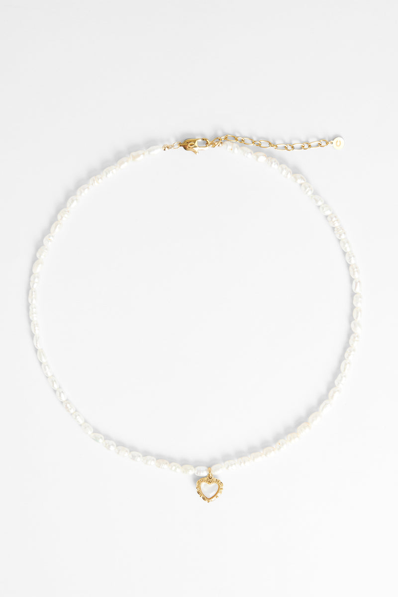 Freshwater Pearl Necklace With Heart Bezel Pendant - Gold