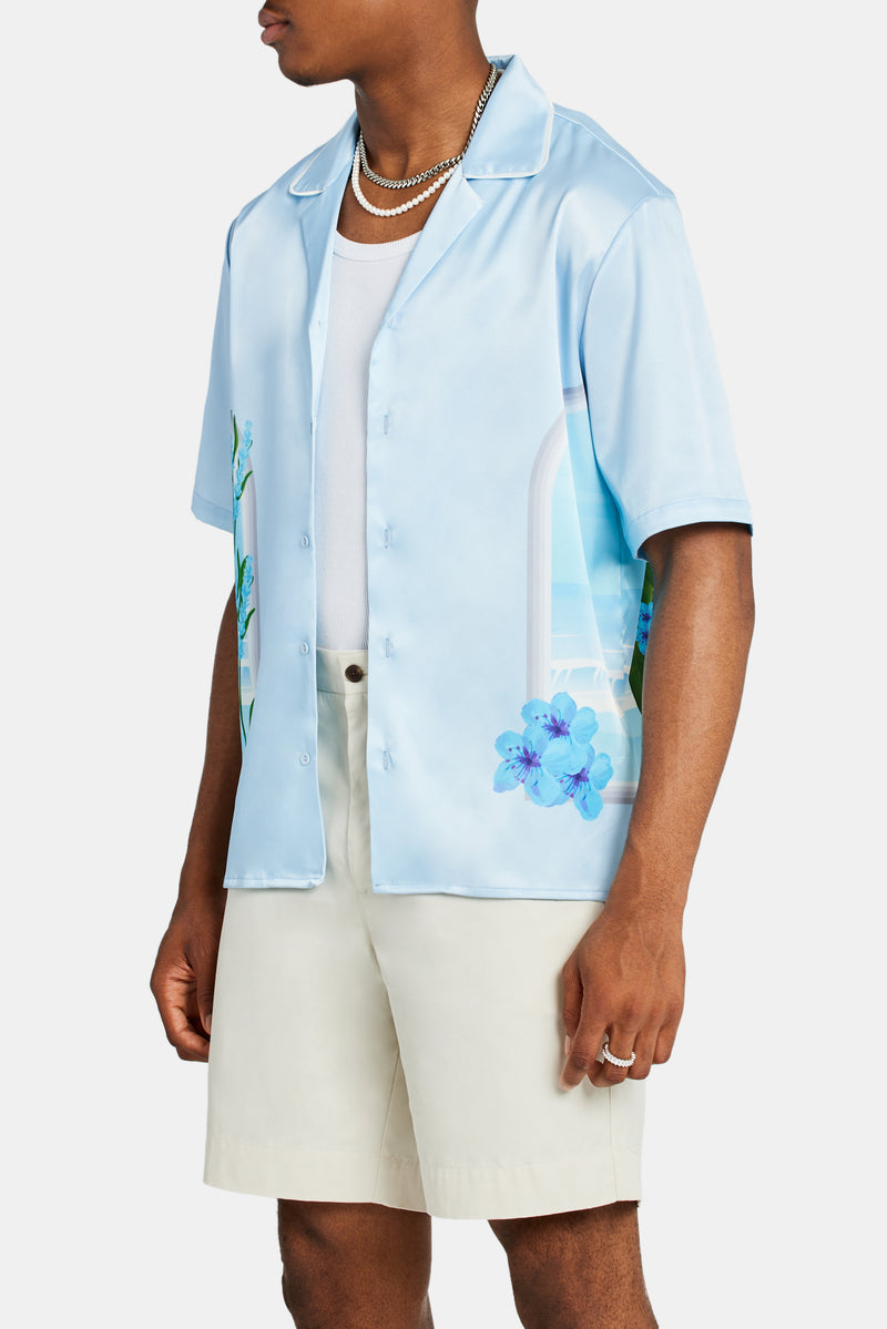 Cernucci Beach Hut Graphic Satin Shirt - Light Blue