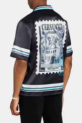 Beach House Border Graphic Satin Shirt - Black