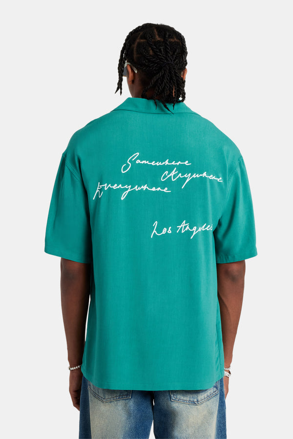 Text Print Bowling Shirt - Green