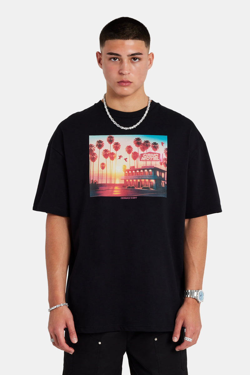 Palm Sunset Graphic Oversized T-Shirt - Black