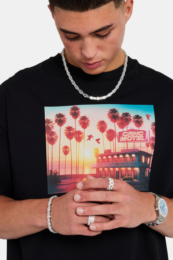 Palm Sunset Graphic Oversized T-Shirt - Black