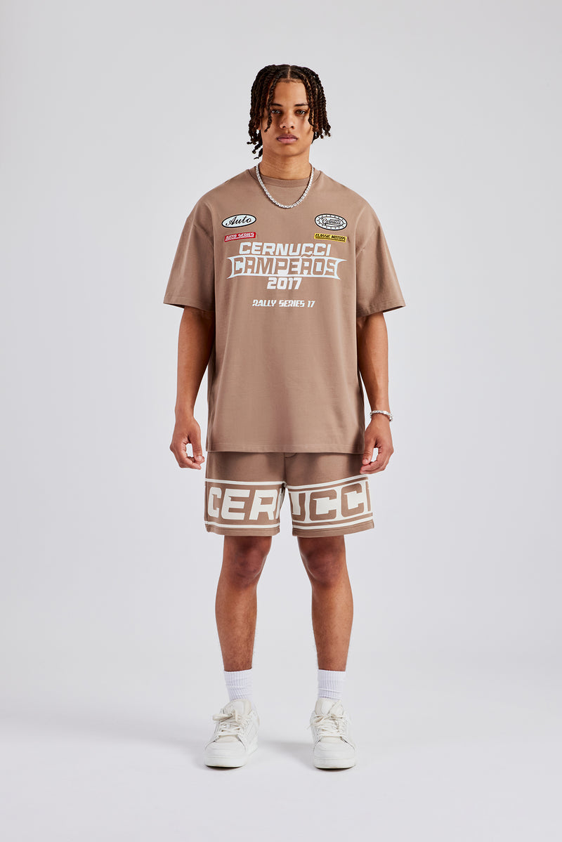 Moto Champions Oversized T-Shirt & Short Set - Washed Brown