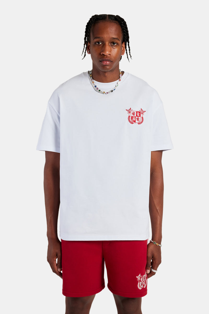 White Embroidered Crest Oversized T-Shirt & Red Jersey Short