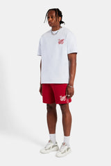 White Embroidered Crest Oversized T-Shirt & Red Jersey Short