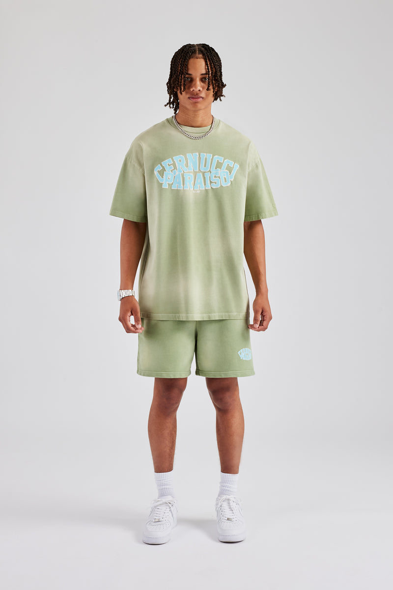 Spray Washed Paraiso Oversized T-Shirt & Short Set- Washed Green