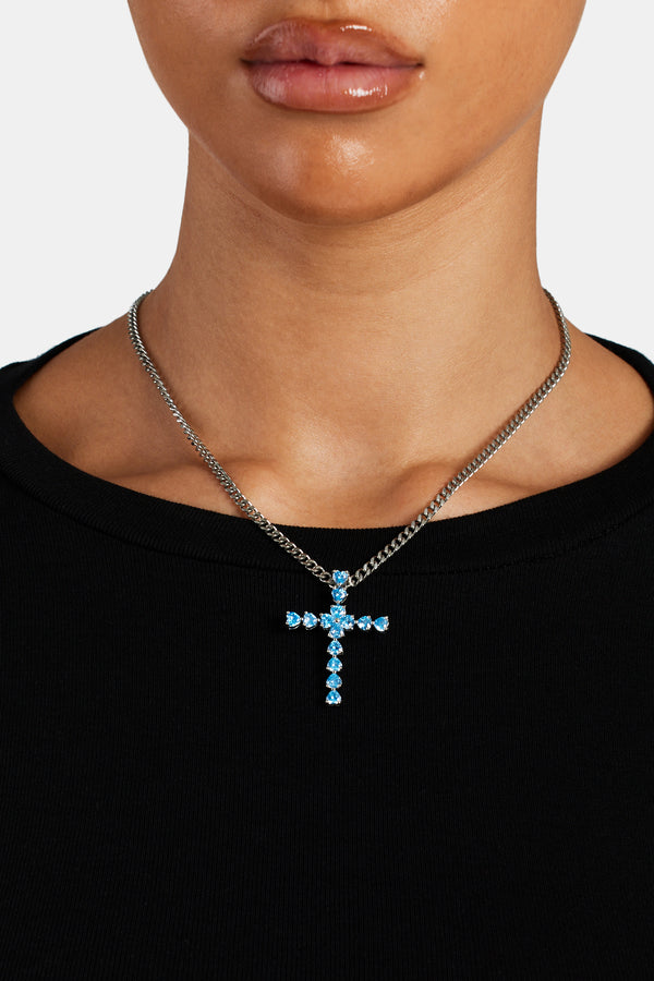 Iced Blue CZ Cross Cuban Necklace