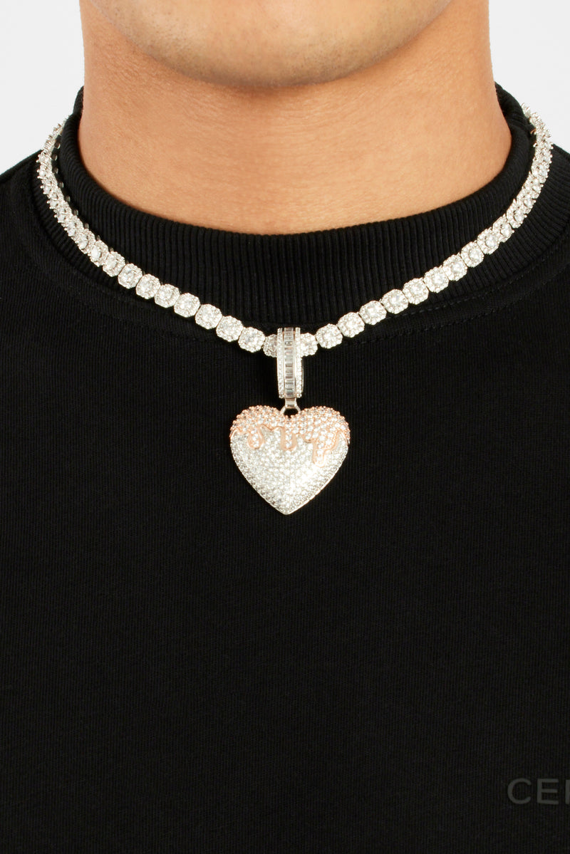 Iced CZ 2 Tone Heart Melt Pendant