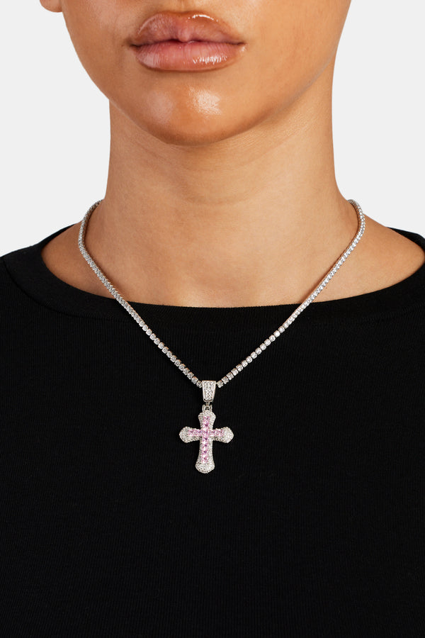 Iced Pink Square CZ Cross Pendant