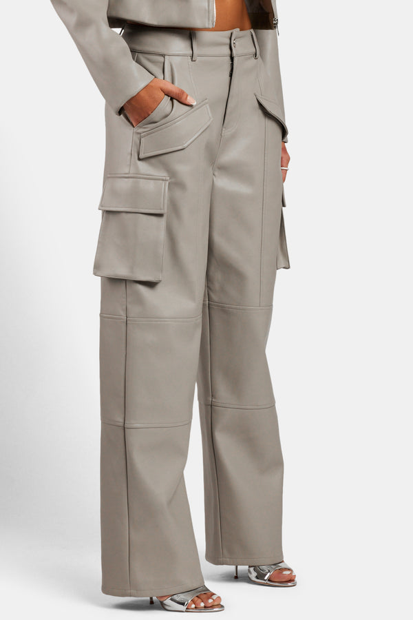 Wide Leg Faux Leather Cargo Trouser - Beige