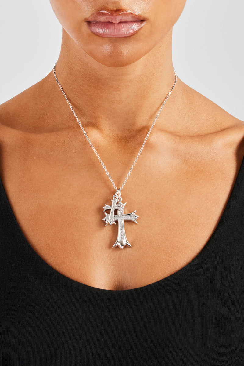 Double Iced Cross Necklace - White - 45mm