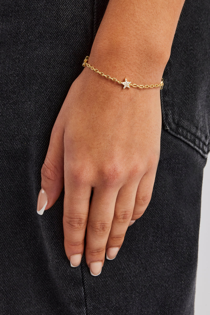 Iced Star Thin Link Bracelet - 2.5mm - Gold