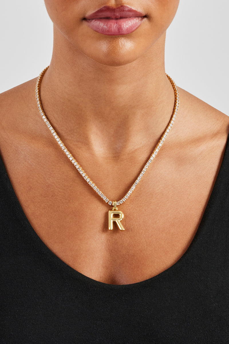 Mini Polished Balloon Letter Pendant & 3mm Tennis Chain - Gold