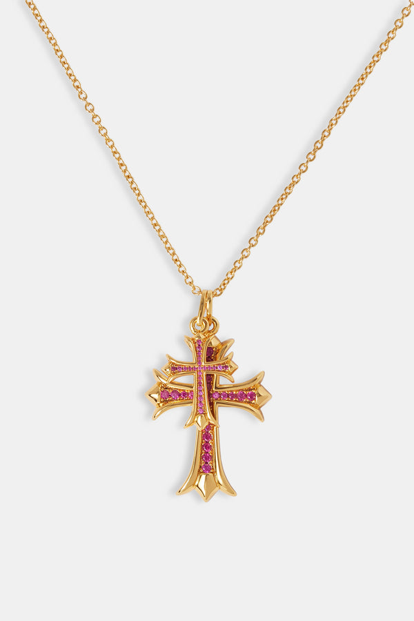 Double Cross Pink Iced Necklace - Gold 40 mm