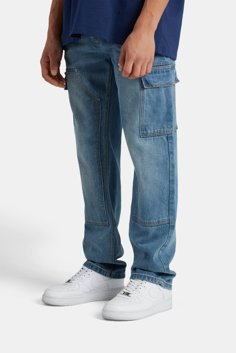 Relaxed Cargo Carpenter Jeans - Mid Blue