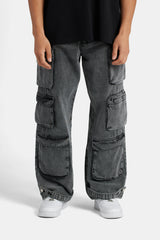 Acid Wash Utility Cargo Jeans - Black