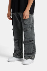 Acid Wash Utility Cargo Jeans - Black