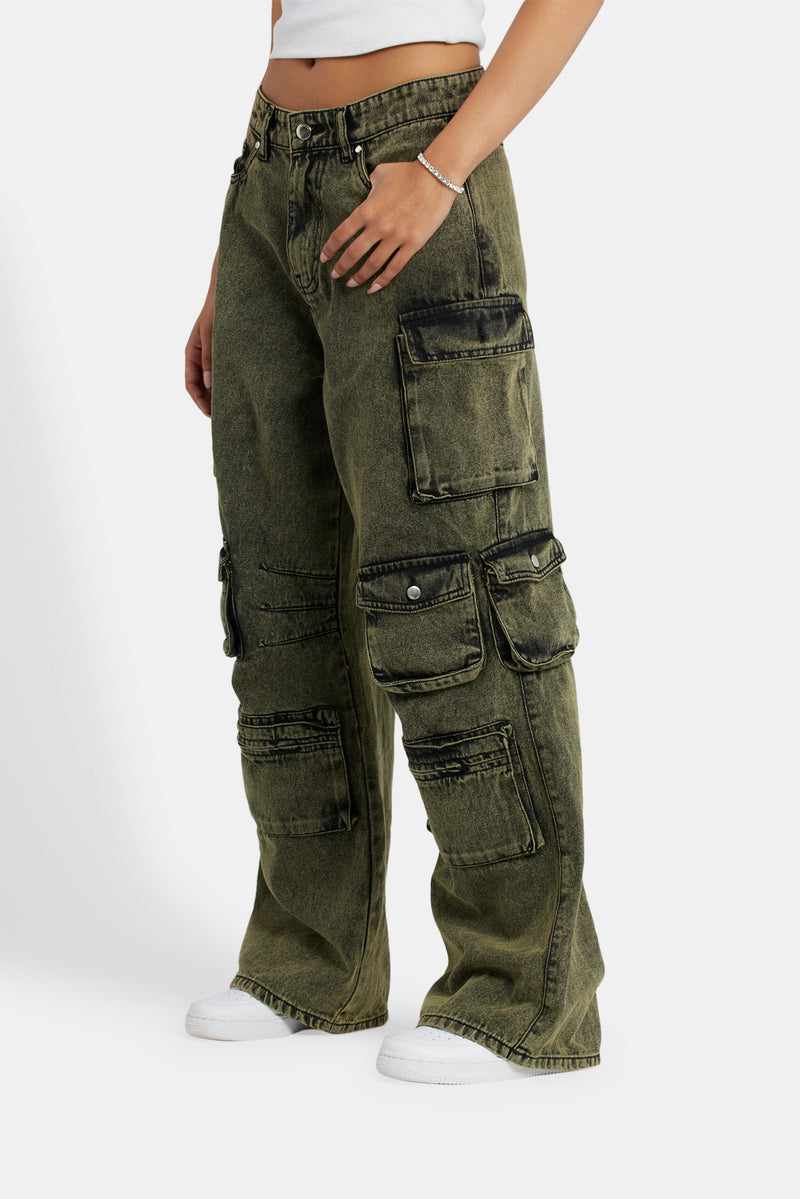 Acid Wash Baggy Cargo Jeans - Green